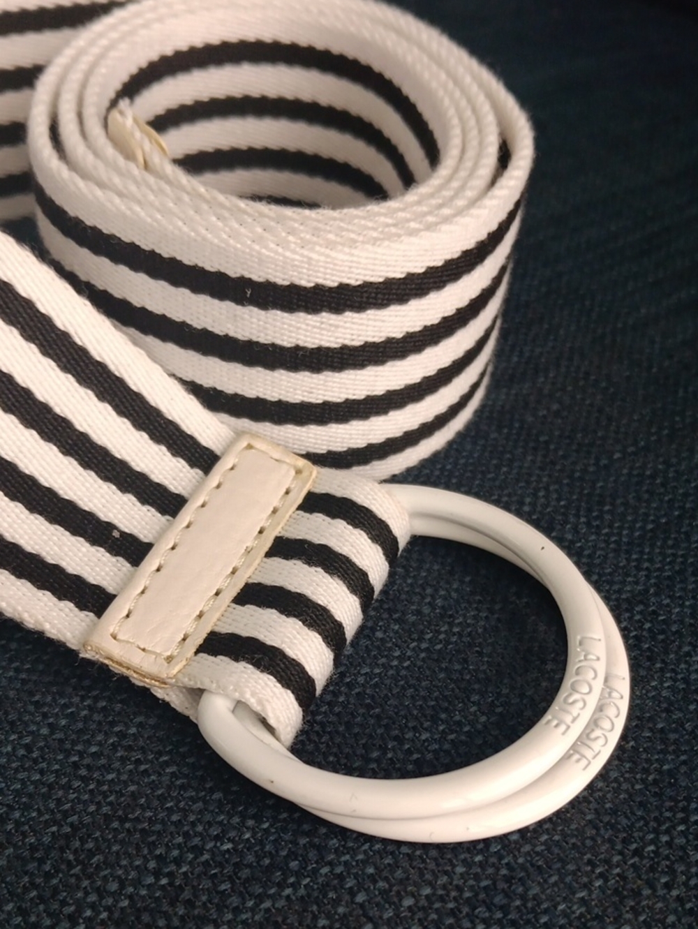 Lacoste Black & White Striped Canvas Double-Ring Belt